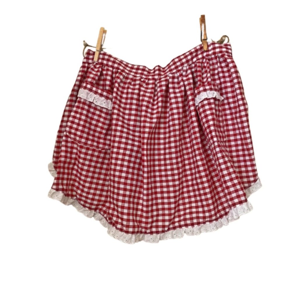 SOLD vintage apron red gingham eyelet trim1960s